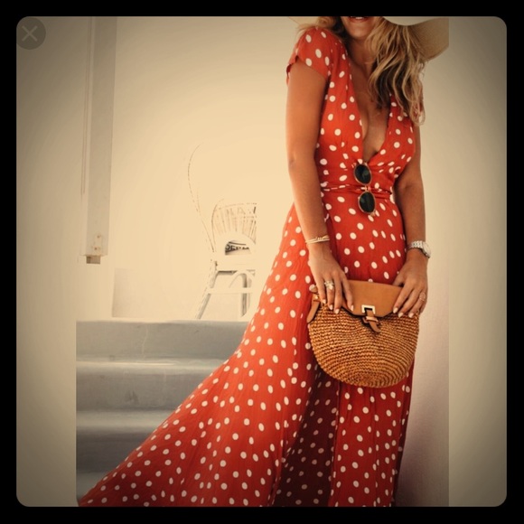 red and white polka dot maxi dress